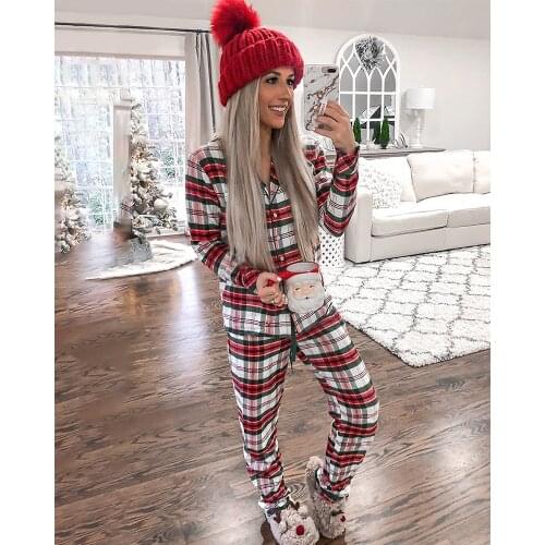 2020 Women Turn Down Collar Long Sleeve Christmas Plaid Print Casual Pajamas Set Xmas Comfy Red Autumn Winter Pajama Suits Women
