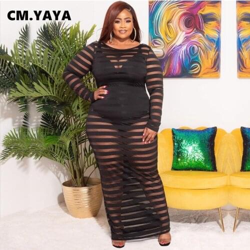 CM.YAYA Women Plus Size Dress Mesh Patchwork O-neck Full Sleeve Stretchy Skinny Long Maxi Dresses Sexy Fashion Vestidos Autumn