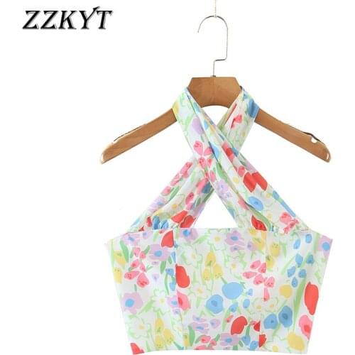 ZZKYT 2021 Women Summer Fashion Floral Print Cropped Tank Tops Vintage Sleeveless Backless Back Zipper Slim Casual Camis Tops