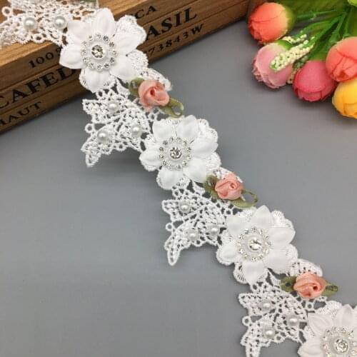 1 yard Rose Flower 3D Pearl Diamond Rhinestones Embroidered Lace Trim Ribbon Fabric Sewing Craft For Costume Wedding Decoration