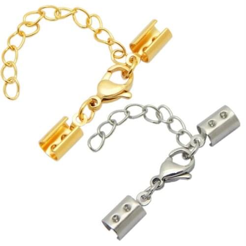 5pcs Stainless Steel Crimp Beads End Fastener Clasps Hook With Extension Chains Lobster Clasps Bracelet Connectors DIY Jewelry
