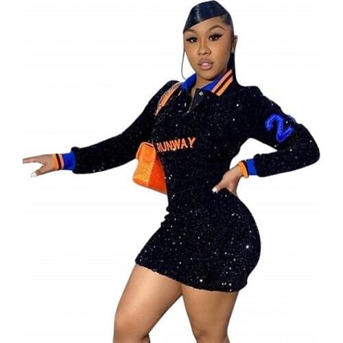 5XL Plus Size Sequins Short Dress Women Full Sleeve Skinny Dresses 2021 Spring Autumn New Letters Embroidery Club Party Vestidos