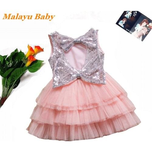 Baby Girls Dresses 2021 Summer new European American Child Bow Sequins Naked Back Princess Cake Dress 2-6 Years Kids Clothing