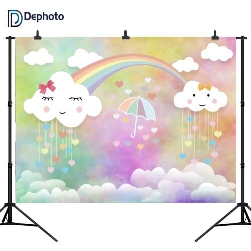 DePhoto Cartoon Cloud Rain Drops Rainbow Photography Backgrounds Baby shower Newborn birthday party Photographic Backdrops