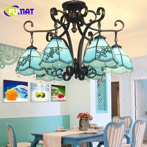 FUMAT Tiffany European Style Blue Shade Pendant Lights LED Lamp Art Stained Glass Shade Living Room Warm Glass Pendant Lights
