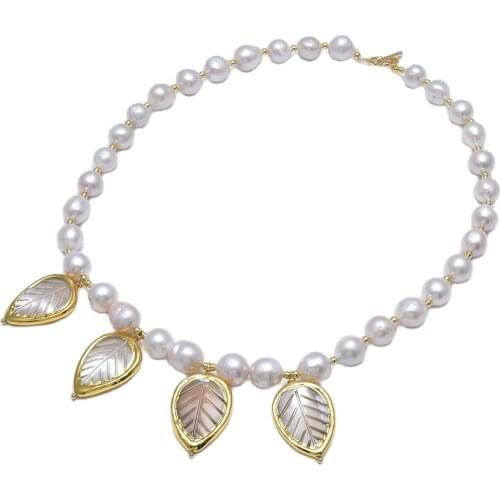 GG Jewelry Natural White Keshi Pearl Gold Color Plated Sea Shell Leaf Beads Pendant Necklace Handmade For Women