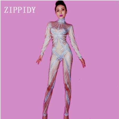 Fashion Shining Rhinestones Stretch Nude Jumpsuit Female Performance Leggings Female Singer Bright Costume Nightclub Wear