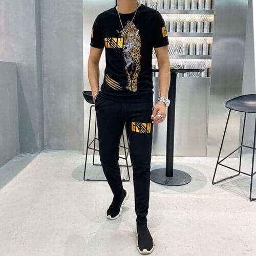 New mens fashion print tracksuit Short sleeve suit summer fashion hot drill mens half sleeve two piece set