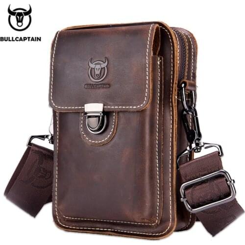 BULLCAPTAIN Crazy horse leather Male Waist Packs Phone Pouch Bags Waist Bag Mens Small chest Shoulder Belt Bag small back pack