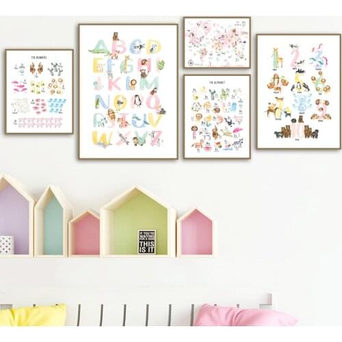 Educational Classroom Nursery World Map ABC Numbers Nordic Poster Wall Art Print Canvas Painting Decor Pictures Baby Kids Room