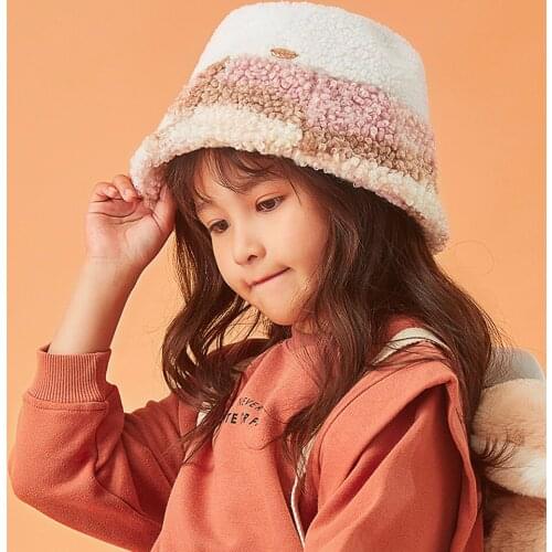 OhSunny Lamb Wool Girl Bucket Hats Patchwork Color Autumn Winter Thermal Fabric For Children Antistatic Heating Tech Keep Warm