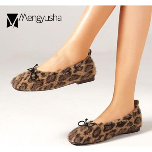 Leopard Fur flats woman bow-knot square toe furry loafers ladies winter plush shoes slip on fleeces moccasins large size 35-42
