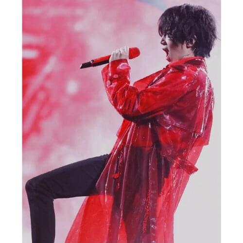 PVC Waterproof Button Trench Clear Transparent Red Cool Chic Stage Show Costumes Gutiar Show Jacket Long Singers Club DJ