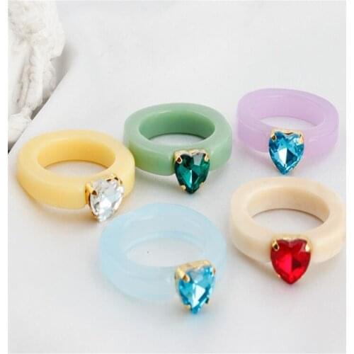 Multi-color Resin Crystal Heart Ring For Women Temperament Female Fashion Party Accessories Finger Jewelry Gift