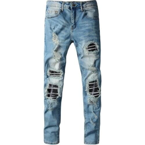 SEVEYFAN 2021 Mens Fashion Skinny Biker Jeans Blue Patchwork Hole Denim Pants for Male