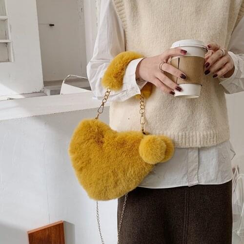 Cute Fluffy Plush Heart-shaped Handbags Women Sling Bag Fluffy Crossbody Bag Shoulder Bag Fur Soft Strip Bag Plush back pack