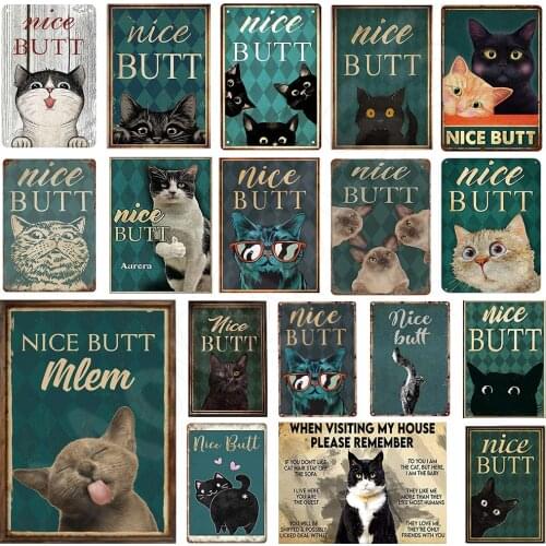 Funny Black Cat Bathroom Vintage Metal Tin Sign Black Cat Wall Decor Art Toilet Cat Posters Art-NICE BUTT-Retro Bathroom Decor