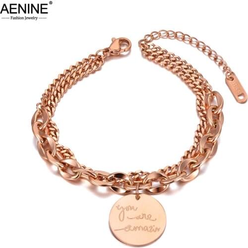 AENINE Boho Titanium Stainless Steel You Are Amazing Charm Bracelets For Women Trendy Double Layer Chain Bracelet AB20153