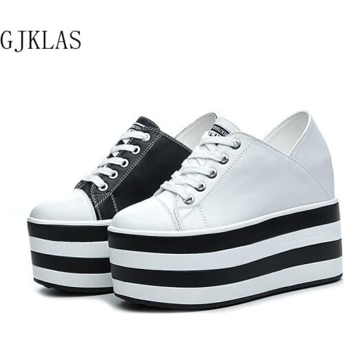 Wedge Sneakers Platform Real Leather Casual Shoes for Women Black White Sneakers Woman Vulcanize Shoes Platforms Heels Slippers