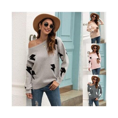The New Autumn Winter Women Leisure Long Sleeve Off Shoulder Knitted Pullover and Sweaters Fashion Street Print Warm Knitwear