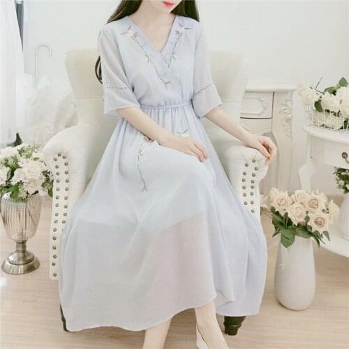SWEETXUE Hanfu Dress Spring And Summer 2021 New Chinese Style Fairy Chiffon Embroidered Simple Comfortable Long Dresses Female