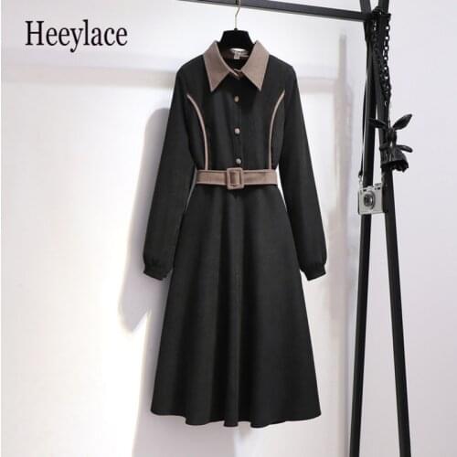 Office ladies elegant Corduroy dress with belt women long sleeve french vintage korean dresses 2020 autumn winter A-line vestido