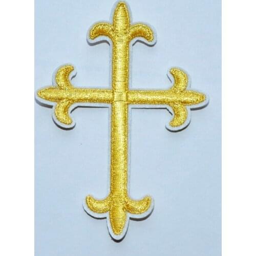 Gold Religious Fleur De Lis Cross Iron On Embroidered Applique Patch Christ (size is about 7.4 * 10 cm)