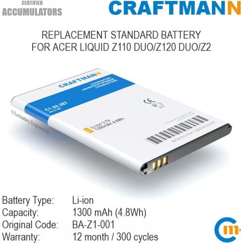 Craftmann Battery 1300mAh for ACER LIQUID Z110 DUO/Z120 DUO/Z2 (BA-Z1-001)