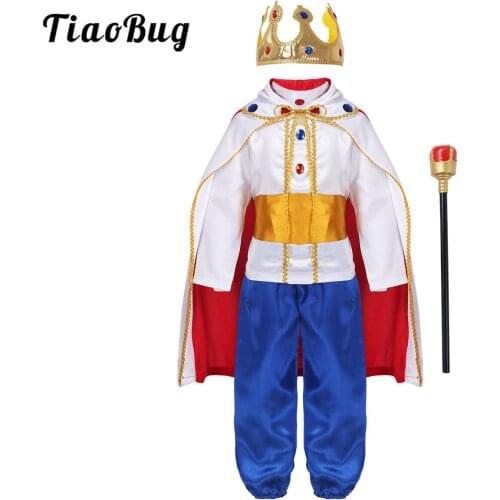 King Prince Costumes For Boys Kids Halloween Cosplay Dress Up Cloak Crown Scepter Set Carnival Roleplay Party Outfit