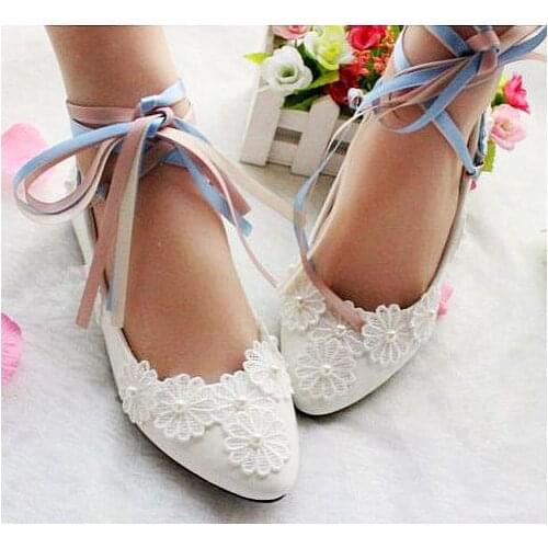 Satin riband lace pearls wedding flats shoe woman hadmade white light ivory bridal party dinner proms shoes women