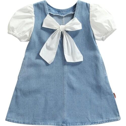 2021 2-7Y Sweet Kids Baby Girls Dress Big Bow O Neck Puff Short Sleeve Pockets Denim A-line Dress Summer Sundress
