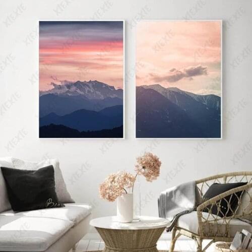 Elegant Canvas Painting Poster Sunset Mountain Landscape Pink Sky Wallpaper Art Craft Picture Printing Craft for Home Decoration