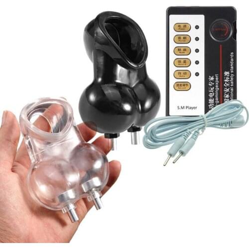 Male Electro Sex Ball Stretcher Chastity Device Cock Cage Electric Shock Penis Rings Scrotum Ring Medical Electro Shock Sex Toys