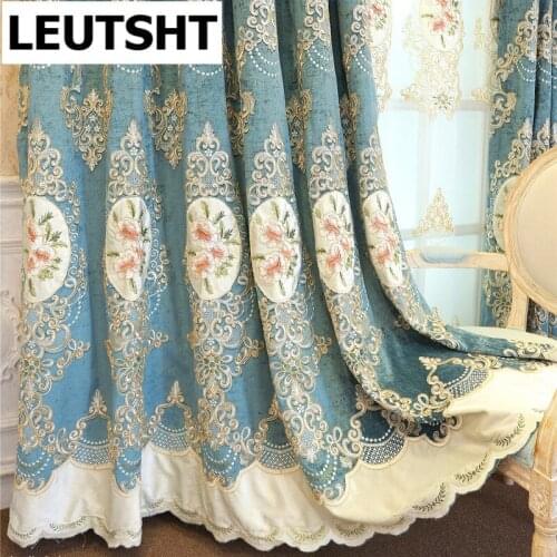 European Luxury Blue Chenille Embroideried Curtains for Living Room Bedroom High-End Villa Curtain Sheer Flower Tulle Valance
