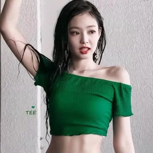 Kpop Korean Celebrity same Summer cool tees green one word shoulder tshirt women korean Harajuku short sleeve Tshirt female tops
