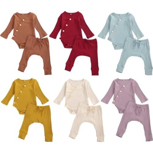 FOCUSNORM 0-12M Baby Girls Boys Pajama Clothes Sets Solid Knit Long Sleeve Button Romper Tops Pants 2pcs