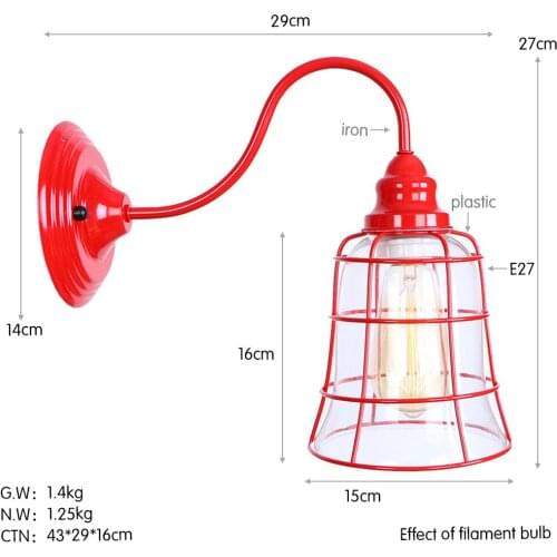 Nordic Creative American Country Aisle Restaurant Living Room Decoration Retro Wrought Iron Art Red Glass Wall Lamp A C90-260 V