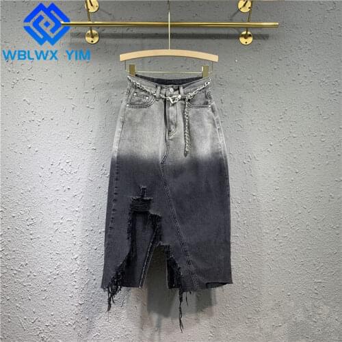 Summer High Waist Denim Skirt Women Fashion Hole Split fork Mid Long Skirt Female Pocket Loose A-Line Jeans Skirts With Belt