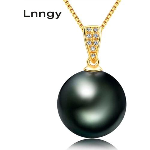 Lnngy 18K Solid Gold Necklace Diamond Black Pearl Pendant Necklace 10-11mm Natural Tahitian Pearl Women Wedding Pendant Gifts