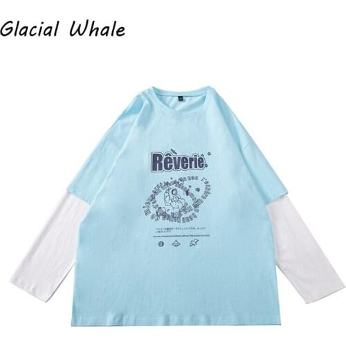 GlacialWhale Clothing Mens 2021 New Anime Round neck Blue T-shirt Male Hip Hop Japanese Streetwear Vintage Mens Long-sleeved