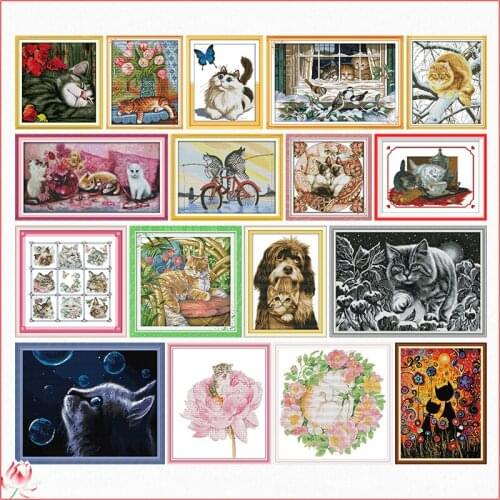 Joy Sunday Cat Animal Pattern Cross Stitch Set 11CT 14CT DIY Printed on Canvas Handmade Cross Stitch Kit Home Decoration Gift