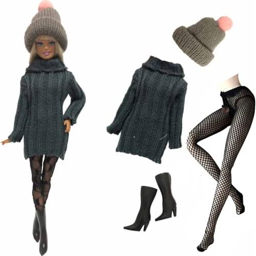NK One Set Doll Noble Sweater Suit Hat Stockings Black Boots Sweater Fashion Clothes FOR Barbie Accessories Doll Girls Gifts 1X