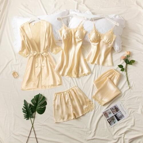 Nightdress Women Ice Silk Sexy Hot Adult Spring and Autumn Long Sleeve Thin Womens Nightgown Five Piece Suit Sexy Velvet Set