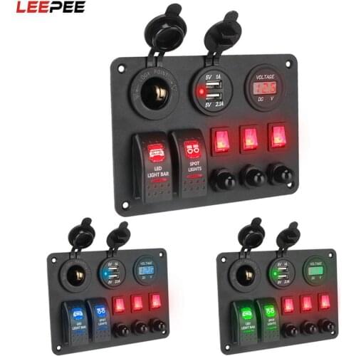 2+3 Gang Rocker Switch Panel With Overload Protector Digital Voltmeter Car Marine RV Circuit LED Breaker Dual USB Ports