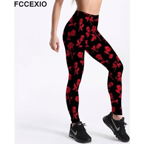 FCCEXIO Sexy Fitness Women Gym Leggings Push Up High Waist Red Rose skull print Workout Slim Leggins Fashion Casual Mujer Pants