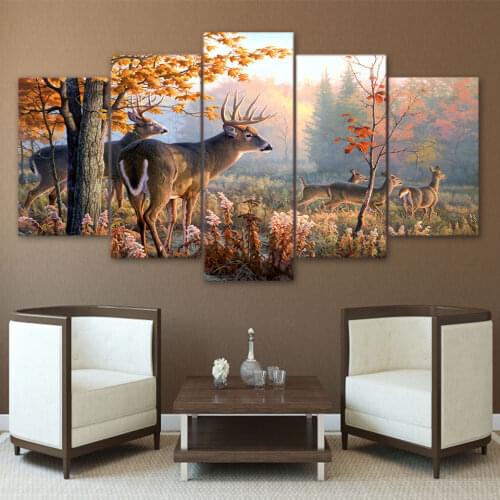 5 Panel Cuadros Forest Deer Landscape Modular Pictures Posters HD Oil Painting Wall Art Canvas Home Decor Living Room Decoration