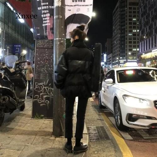 Splicing Solid Hooded Imitation Leather Pu Cotton Coat Female Fashion Casual Loose Jacket Women Winter 2020 New Zipper Clothing