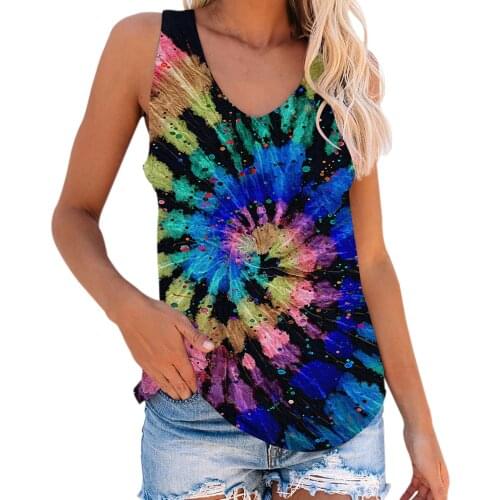 Топи Top T Shirt Summer Fashion Women Tie-dye Printed Sleeveless Tops Casual Round Neck Pullover Vest Футболка Оверсайз גופיות נ