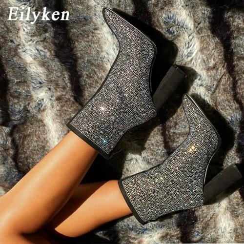Eilyken 2021 Fashion Sexy Banquet Womens Boots Thick with Square Head Shiny Rhinestones Thin Nightclub High Heel Boots
