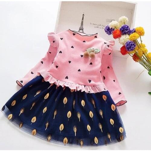 Spring Autumn Girls Dresses New Childrens Dresses Little Girls Baby Floral Dresses Mesh Splicing Princess Dresses